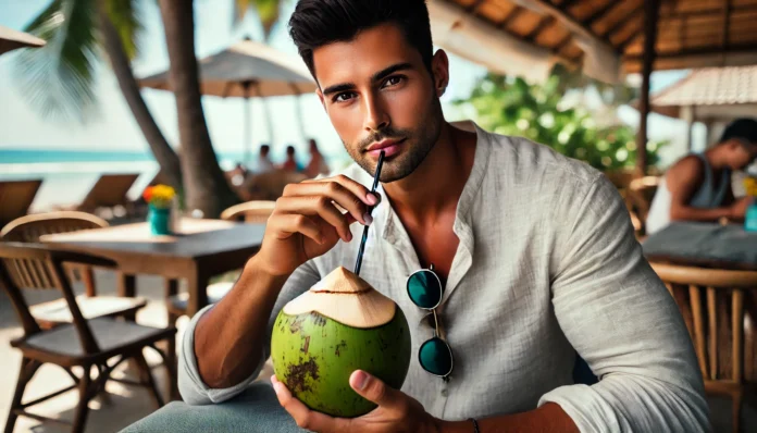 DALL·E 2025-03-05 17.57.55 - A full-body shot of a handsome Malay man drinking fresh young coconut water through a straw. He is seated at an outdoor café or beachside restaurant, minuman