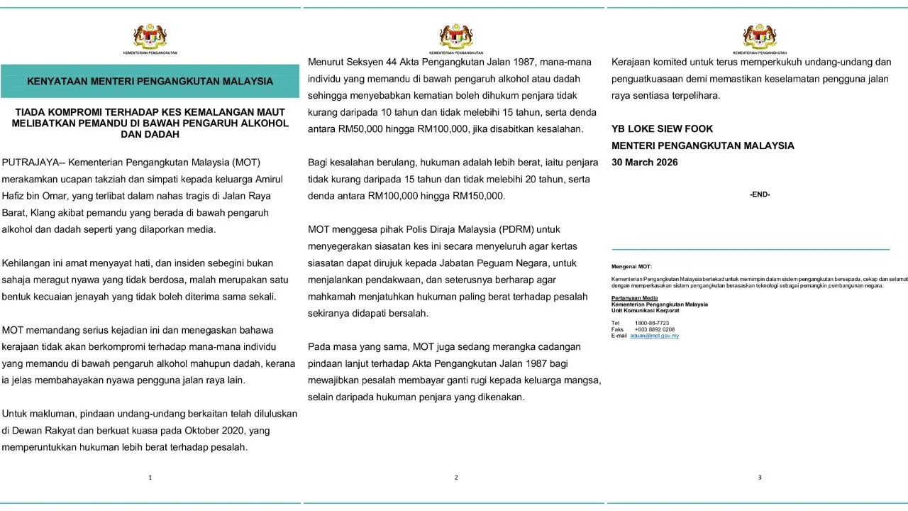 Tragedi Kemalangan Klang, Kerajaan Tegas Tiada Kompromi Pemandu Mabuk atau Dadah – Anthony Loke