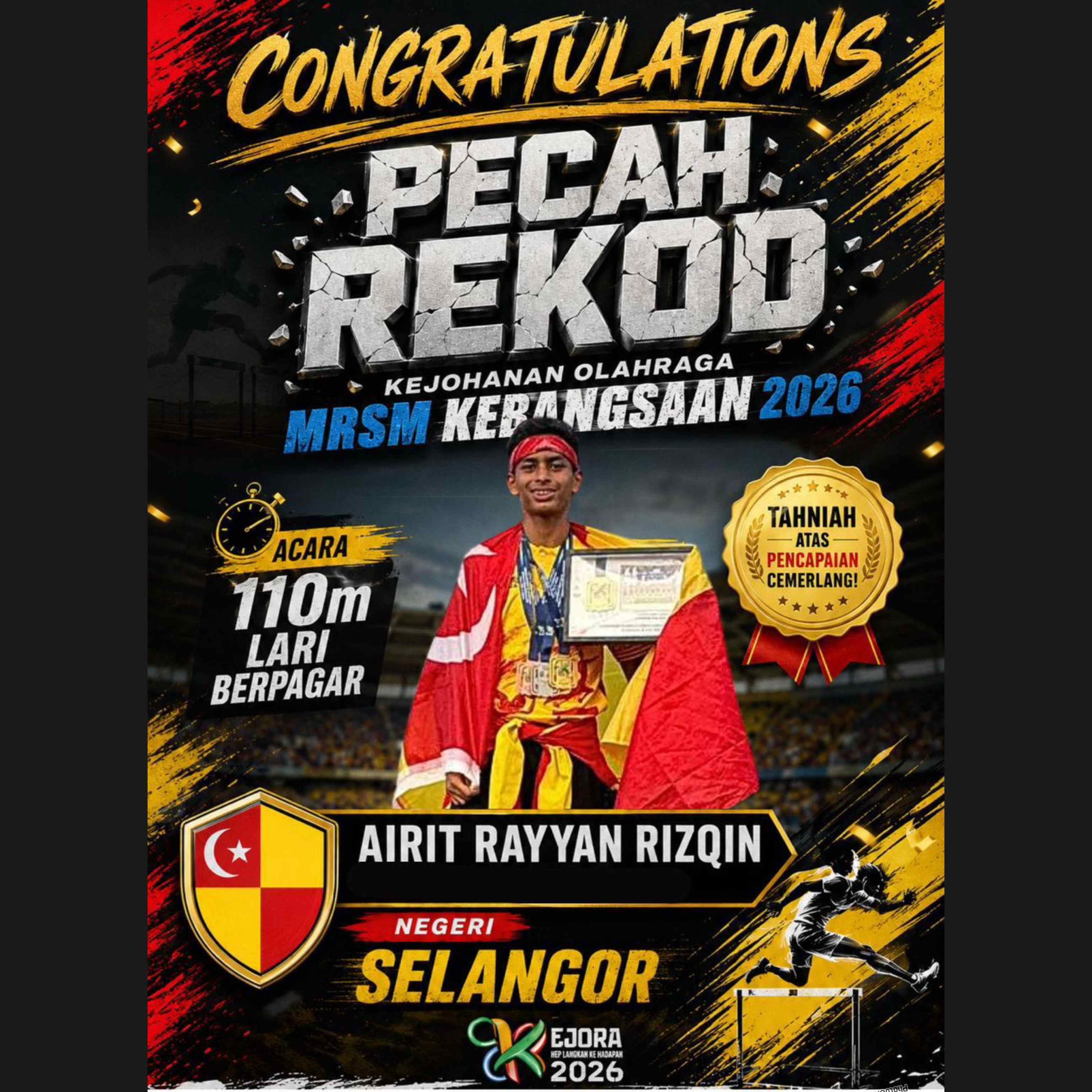 Anak Sulung Rita Rudaini, Airit Rayyan Rizqin Catat Rekod Baharu Kejohanan Olahraga MRSM